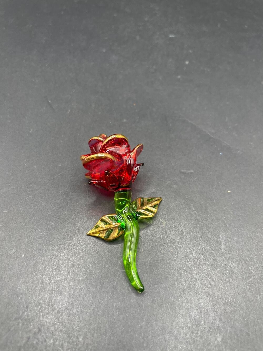 Vintage Blown Art Glass Green Stemmed Red Rose Decorative Glass Flower 2.35"